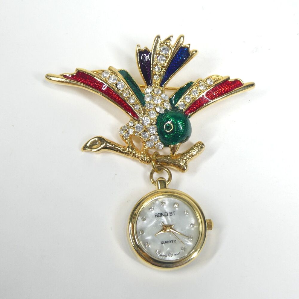 Bird Brooch Watch Colorful Enamel Rhinestone Vintage Bonetto Bond St.